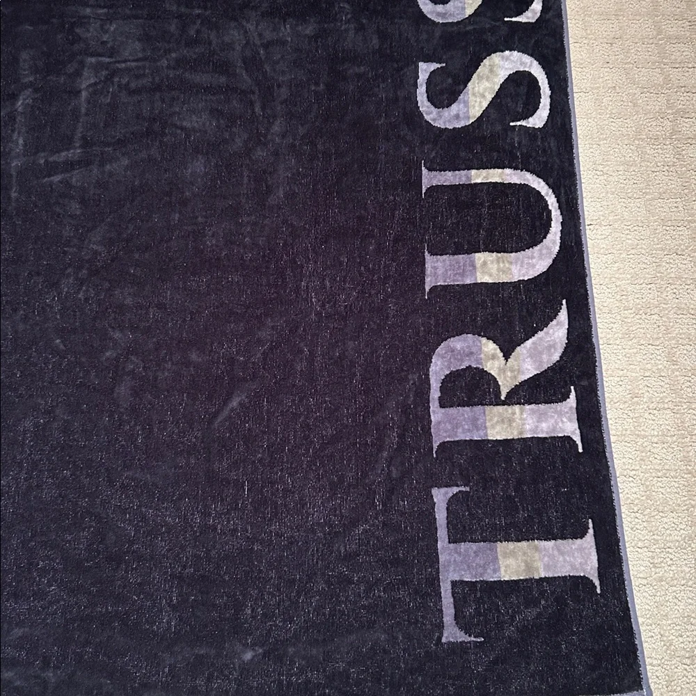 TRUSSARDI Bath Sheet Beach Towel Huge! Black with Striped Logo New w/some flaws